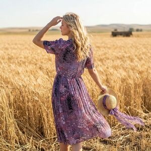 Vintage 80s Womens Floral Chiffon Dress Pleat Prairie Country Cottage USA Made